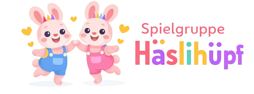 Häslihüpf — zwei tanzende Häschen mit dem Schriftzug Spielgruppe Häslihüpf